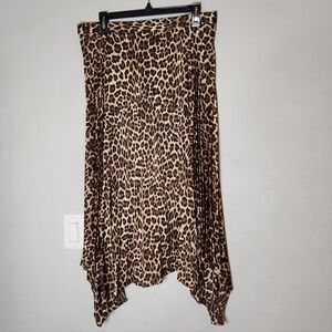 Zara Satin Leopard Midi Pleated Skirt Asymmetical Hem Side Slit Size XL